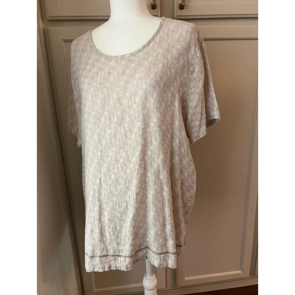 FLAX Oatmeal Linen Textured Tunic Top Scoop Neck Short Sleeve Size large - Picture 2 of 6